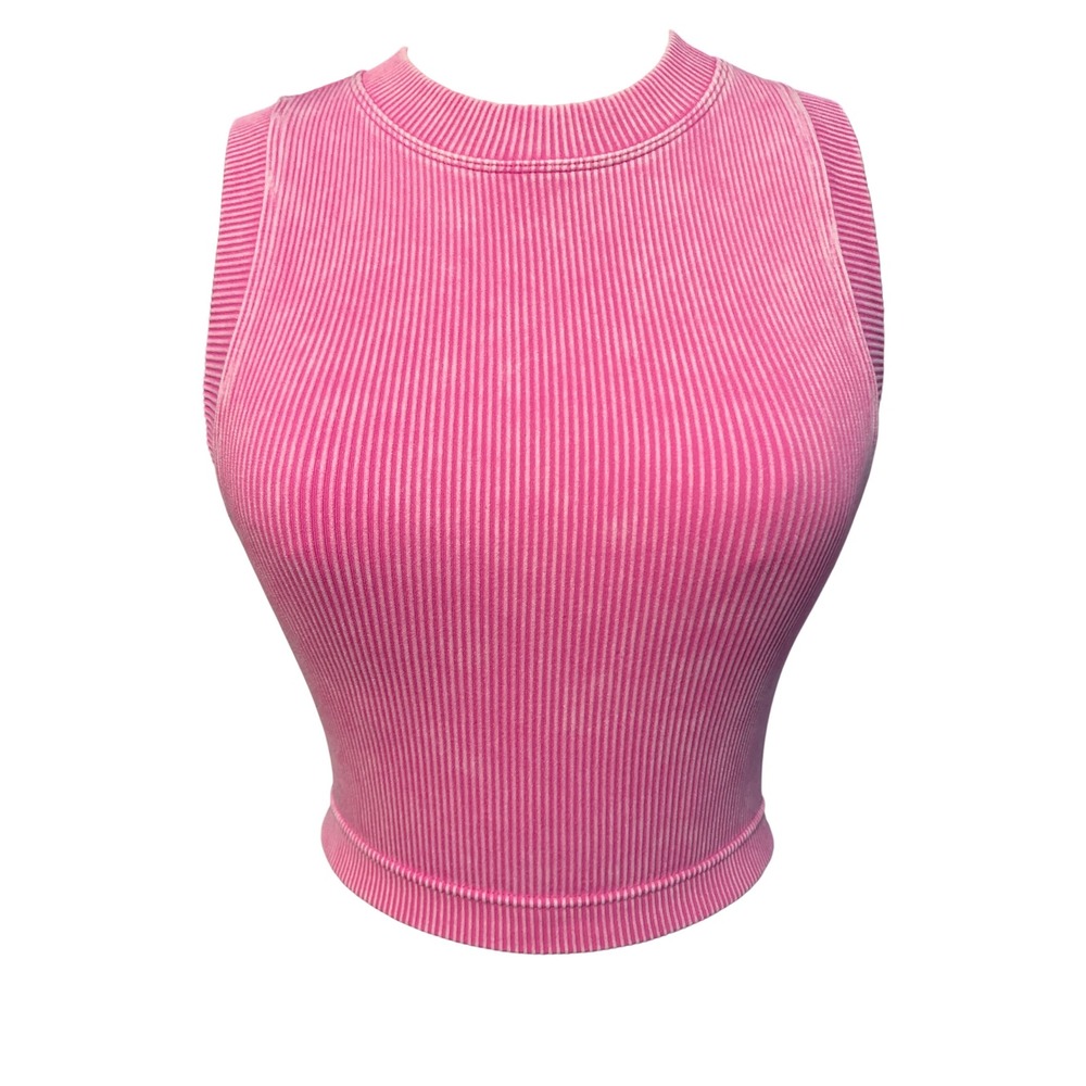 Zenana Crop Tank Top Pink Acid Wash Ribbed‎ Seamless High Neck
